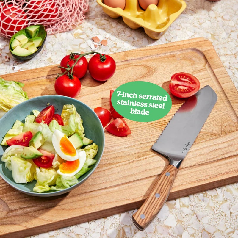 Cravings by Chrissy Teigen Cravings Go-To Santoku Knife â€“ 7-Inch Serrated Stainless Steel Blade with Organic Ashwood Handle, Ideal for Slicing, Dicing, and Carving â€“ A Must-Have Kitchen Essential by Chrissy Teigen - Image 3